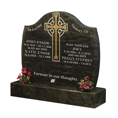 image of a moss green granite double grave memorial with a celtic cross ornament and chamfered edges for a product listing for a double grave memorial