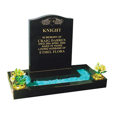 image of a black granite small kerb memorial with a laser etched heart and roses ornament for a product listing for a small kerb memorial