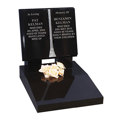 image of a black granite small kerb memorial in a sloped book shape for a product listing for a small kerb memorial