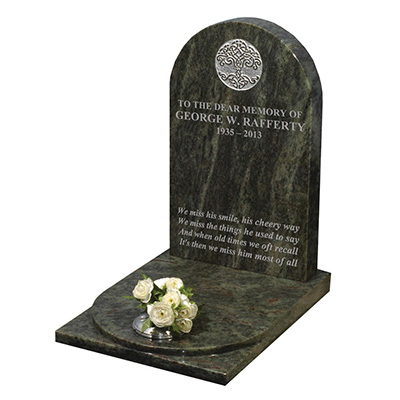image of a moss green granite small kerb memorial with rounded top and tree of life ornament for a product listing for a small kerb memorial