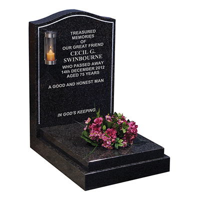 image of a bon accord granite small kerb memorial with silver border detailing and a stainless steel candle holder for a product listing for a small kerb memorial