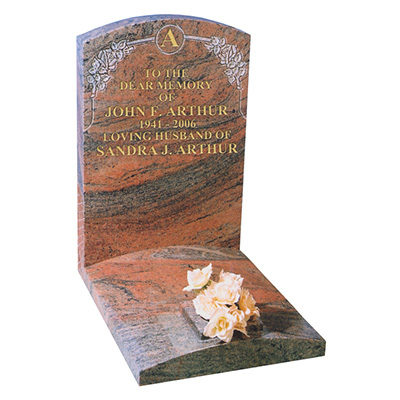 image of indian juparana granite with an arc-shaped ledger and an integrated flower pot for a product listing for a small kerb memorial