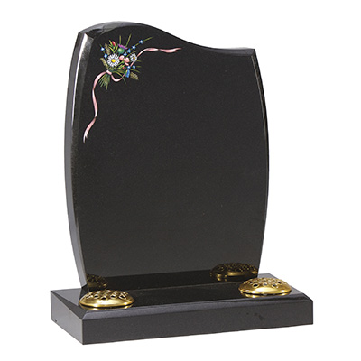 image of a black granite headstone with a wild flower bouquet ornament for a product listing for a headstone
