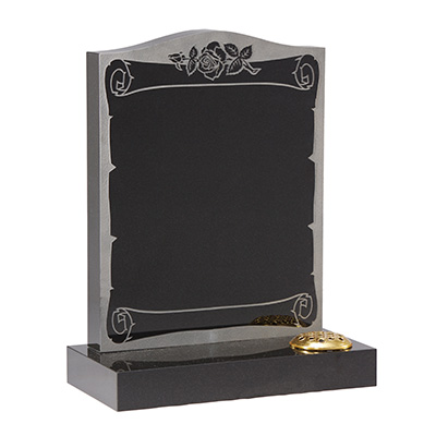 image of a black granite headstone with a scroll design for a product listing for a headstone
