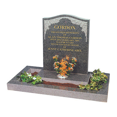 image of glenaby grey granite small kerb memorial with carved corner roses and leaves and a polished face for a product listing for a small kerb memorial