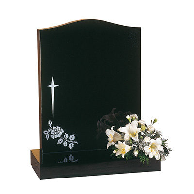 image of a black granite headstone with a star cross and rose for a product listing for a headstone