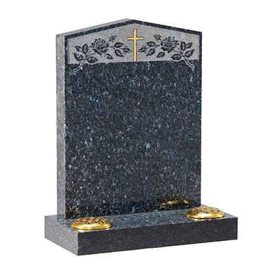 image of a blue pearl granite with a rose design and a gilded cross for a product listing for a headstone