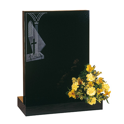 image of a black granite headstone with a flower pot and church window for a product listing for a headstone