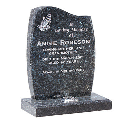 image of a blue pearl granite headstone with silver praying hands for a product listing for a headstone