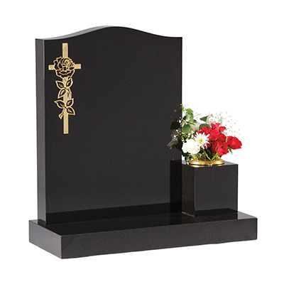 image of a black granite headstone with a side vase and gilded cross and rose for a product listing for a headstone