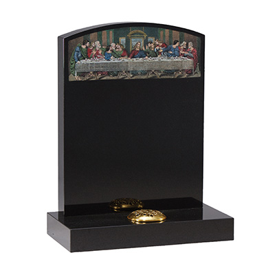 image of a black granite headstone with a depiction of the last supper for a product listing for a headstone