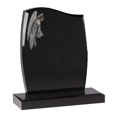 image of a black granite headstone with an etched angel for a product listing for a headstone