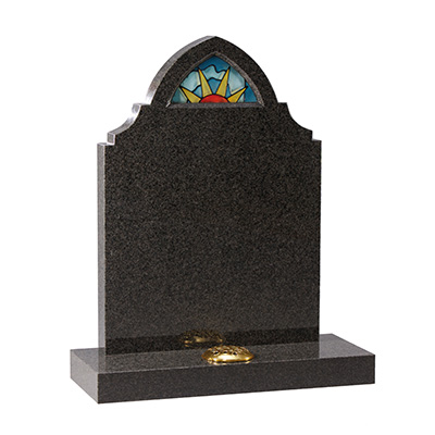 image of a dark grey granite headstone with a stained glass image of a sun for a product listing for a headstone