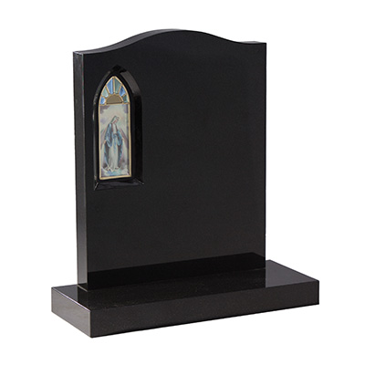image of a black granite headstone with a stained glass image of the virgin mary for a product listing for a headstone
