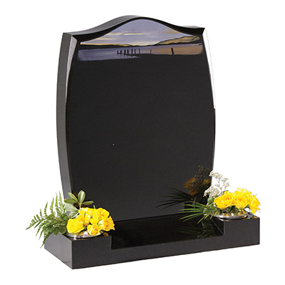 image of a black granite headstone with a morning by the lake scene for the product listing for a headstone
