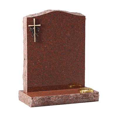image of a ruby red granite rustic hand carved memorial with a bronze cross and rose for a product listing for a rustic and hand carved memorial
