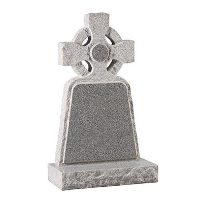 image of a lunar grey granite rustic hand carved memorial with a celtic wheel style cross for a product listing for a rustic and hand carved memorial