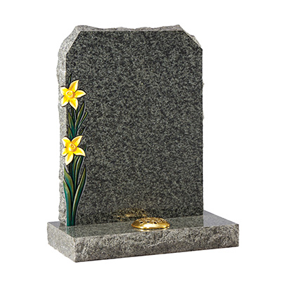 image of a forest green granite rustic hand carved memorial with hand painted daffodils and rustic edges for a product listing for a rustic and hand carved memorial