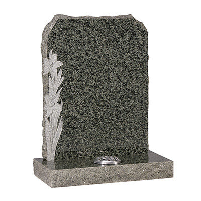 image of a forest green granite rustic hand carved memorial with carved daffodil ornament for a product listing for a rustic and hand carved memorial