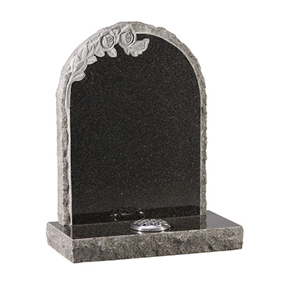 image of a dark grey granite rustic hand carved memorial with natural carved roses and rock pitched edges for a product listing for a rustic and hand carved memorial