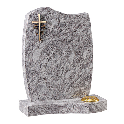 image of a lavender blue granite headstone with a bronze cross and shaped sides for a product listing for a headstone