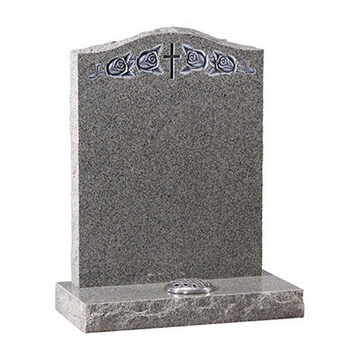 image of a karin grey granite rustic hand carved memorial with highlighted hand carved roses and a cross for a product listing for a rustic and hand carved memorial