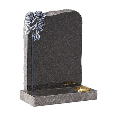 image of a dark grey granite rustic hand carved memorial with natural rock pitches edges and hand carved roses for a product listing for a rustic and hand carved memorial