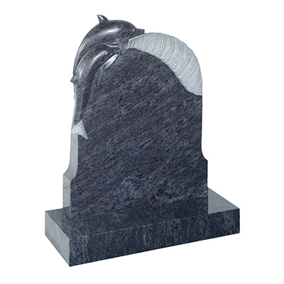 image of a bahama blue granite headstone with two hand carved dolphins and a wave for a product listing for a headstone