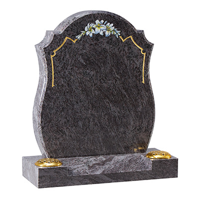 image of a bahama blue granite headstone with rounded edges a gilded line and painted flowers for a product listing for a headstone