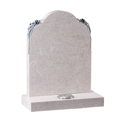 image of a rose white granite rustic hand carved memorial with carved highlighted lilies on the corners for a product listing for a rustic and hand carved memorial