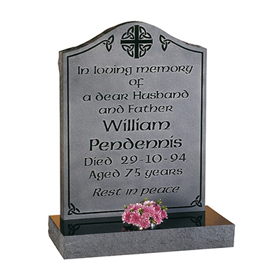 image of a black granite headstone with a reverse sandblasted inscription or a product listing for a headstone