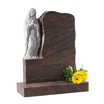 image of a himalayan granite rustic hand carved memorial with a carved praying figure for a product listing for a rustic and hand carved memorial