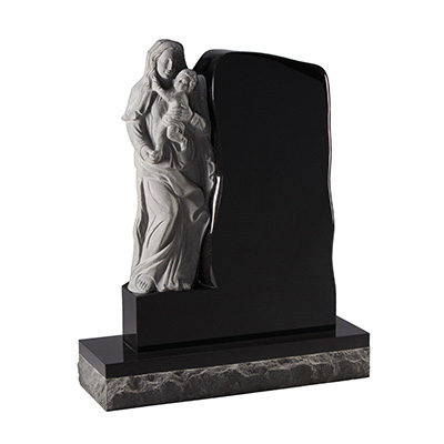 image of a black granite headstone with carved mother and child figures for a product listing for a headstone