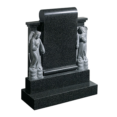 image of a rustenburg grey granite headstone with two hand carved angels and a scroll for a product listing for a headstone