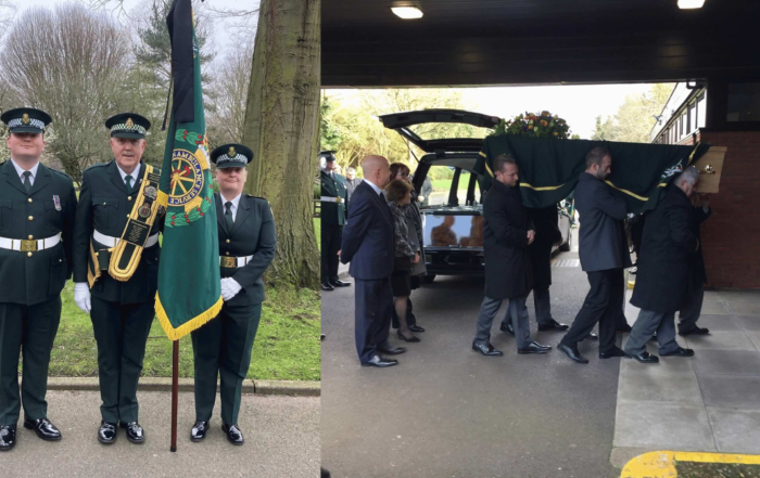Three uniformed men, likely veterans, stand with a green flag outdoors; next to them, several men in suits carry a flag-draped coffin from a hearse into a building, attended by mourners.