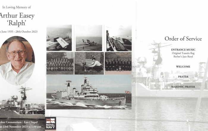 A funeral programme for Royal Navy Veteran Arthur Easey with his photo, Navy ships, and group photos. Text includes service details, order of service, and the Royal Navy logo. The background features faded images of ships and sailors.