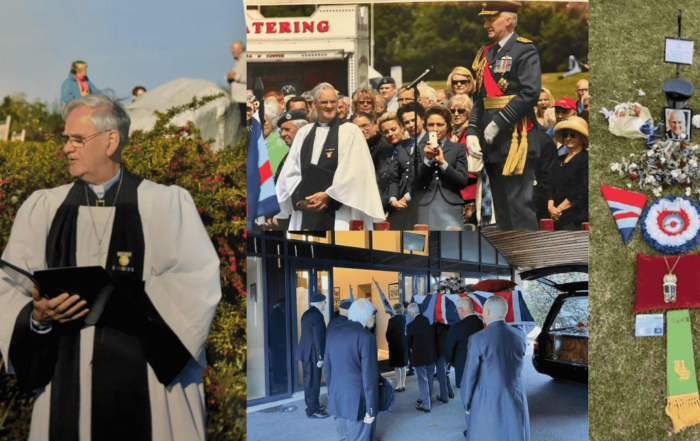 A collage showing a clergyman, a crowd with military personnel, National Service veterans among elderly men entering a building, and a grave adorned with flowers, medals, and a framed photo, all related to a memorial or funeral service.